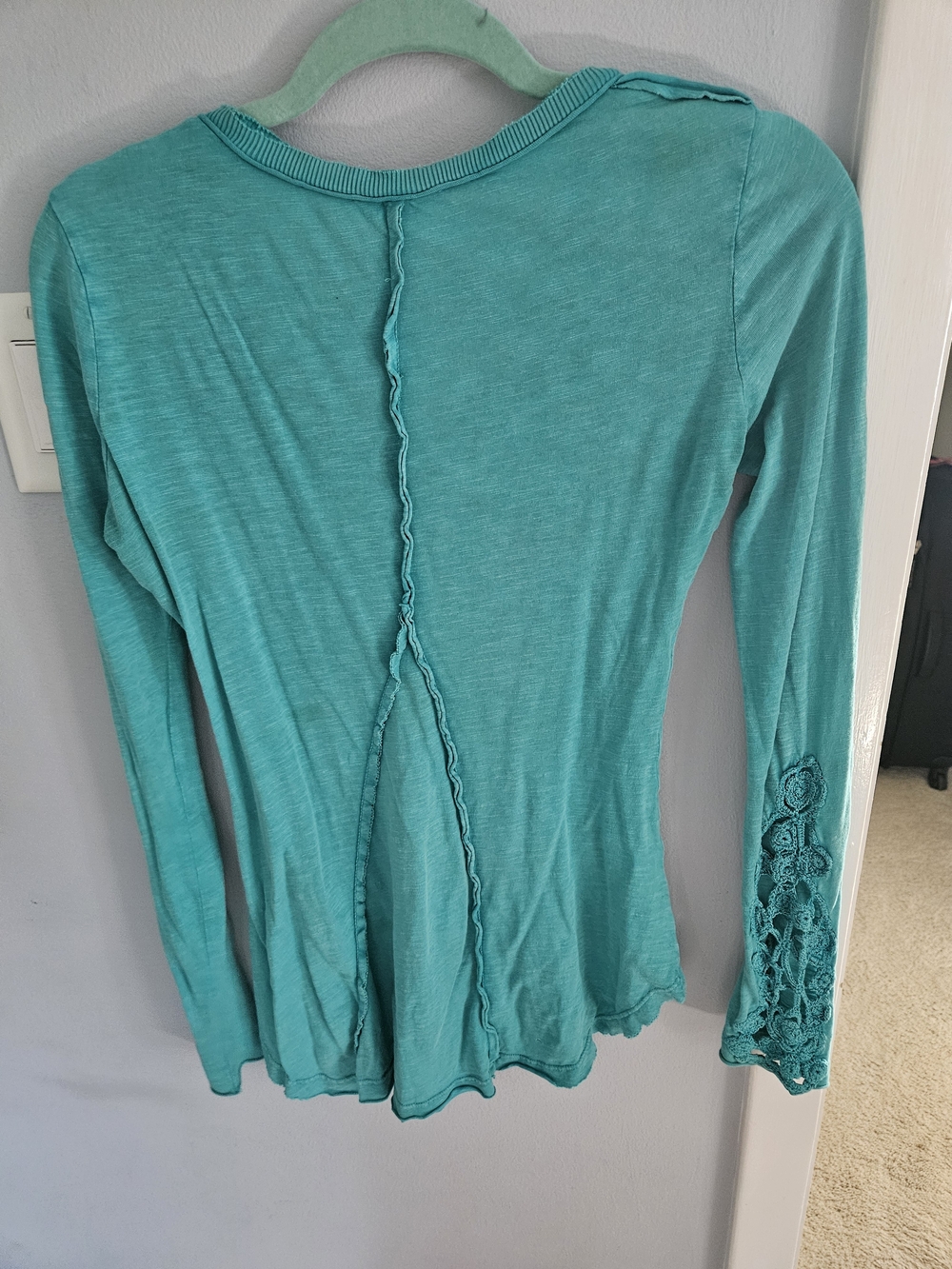 Free People Vintage Teal Ruffle Trim Henley Long-Sleeve Top - Picture 2 of 3